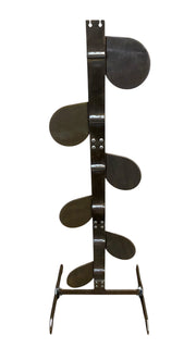 A 6 foot tall 3/8in AR500 metal shooting dueling tree target stand with six 8in paddles designed for reactive shooting practice and competition.